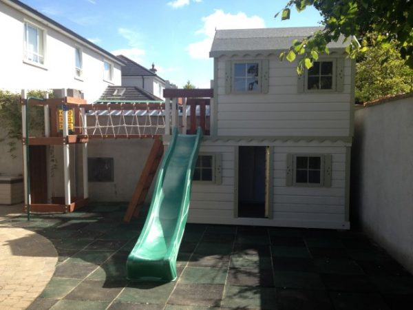 two story play house slide climbing net rockwall play deck
