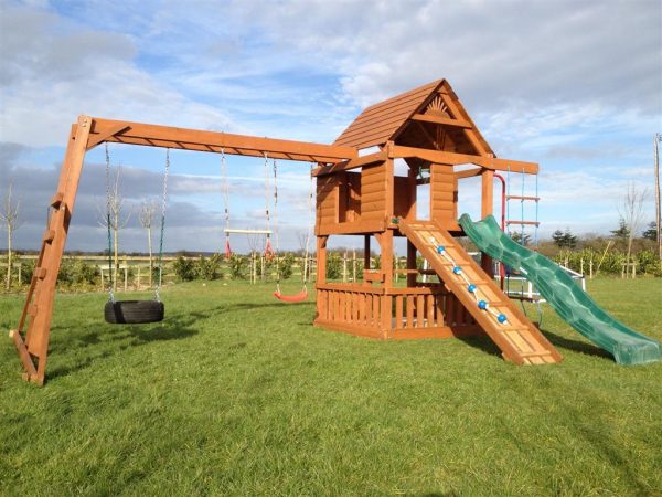 two story playhouse climbing net picnic table monkey bar beam