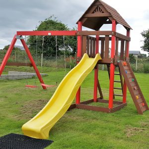 Swings.slide.play house ,access ladder,rock wall, babay seat