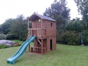 Deluxe tree house shop and bench veranda wave slide access ladder