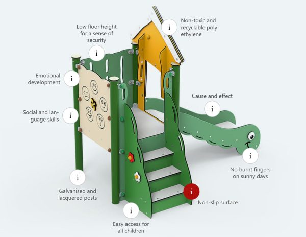 Anne MiniPlay single-tower play environment for toddlers with a slide and non-slip floor, designed to promote motor skills and balance.