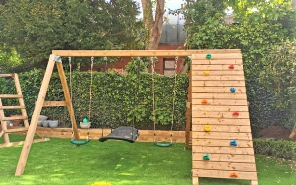 Classic swing with up and over rock wall with climbing net STTSwings