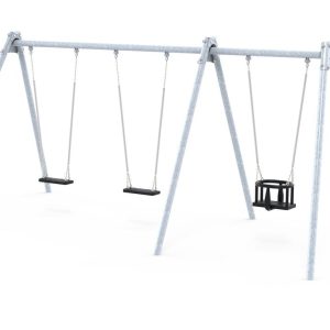 Commercial swing frame featuring two regular swings and one baby swing seat, designed for outdoor play and suitable for children aged 1 year and older