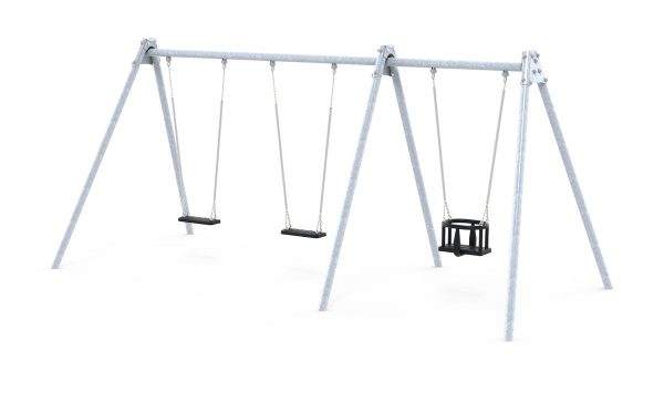 Commercial swing frame featuring two regular swings and one baby swing seat, designed for outdoor play and suitable for children aged 1 year and older