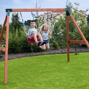 Wooden double swing set for kids with red seats, ideal for backyard play, safe and durable outdoor fun for children aged 3–10