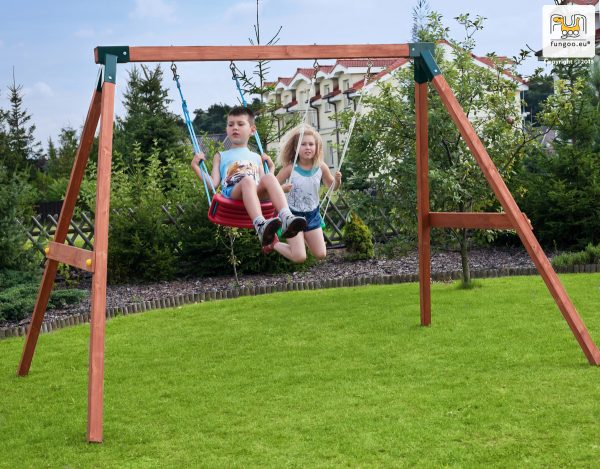 Wooden double swing set for kids with red seats, ideal for backyard play, safe and durable outdoor fun for children aged 3–10