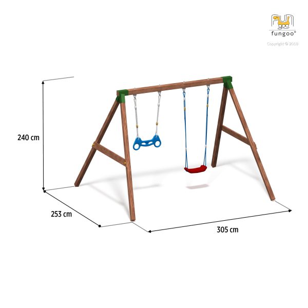 Wooden double swing set for kids with red seats, ideal for backyard play, safe and durable outdoor fun for children aged 3–10