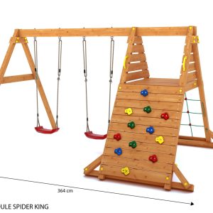 Wooden playground set with climbing wall, rope net, and two swings for kids, designed for safe and active outdoor play