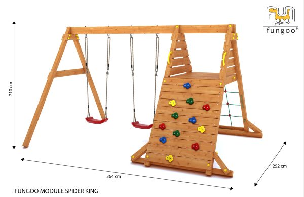 Wooden playground set with climbing wall, rope net, and two swings for kids, designed for safe and active outdoor play