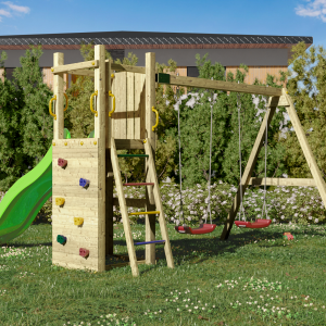 FUNNY3 wooden garden playset with double swing seats and slide – outdoor children’s playground equipment