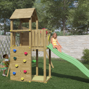 Outdoor wooden playset with swings, slide, and climbing wall for children