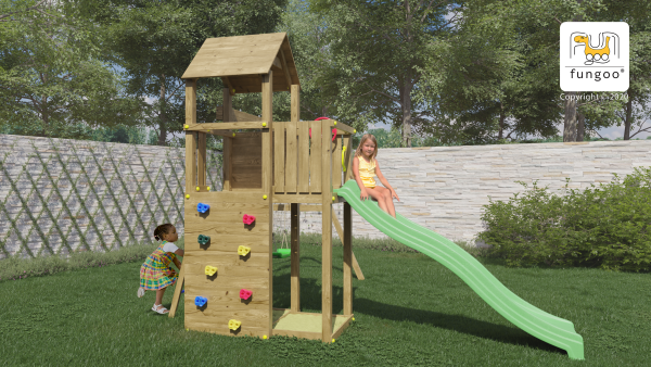 Outdoor wooden playset with swings, slide, and climbing wall for children