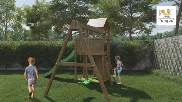 Outdoor wooden playset with swings, slide, and climbing wall for children