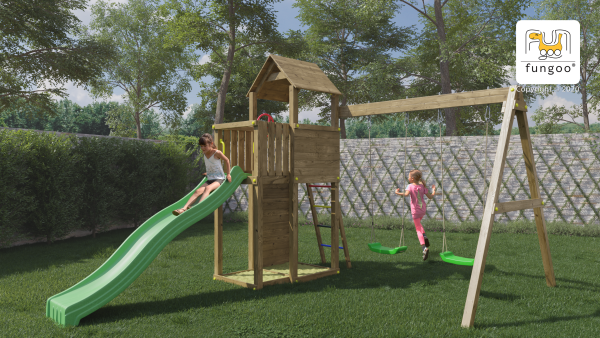 Outdoor wooden playset with swings, slide, and climbing wall for children