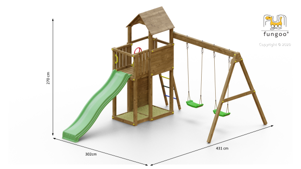 Outdoor wooden playset with swings, slide, and climbing wall for children