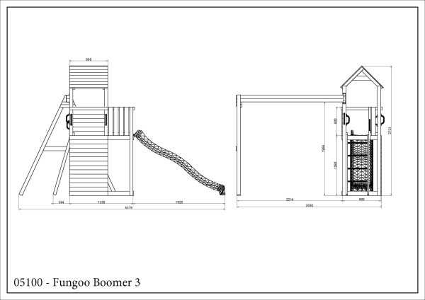 Outdoor wooden playset with swings, slide, and climbing wall for children