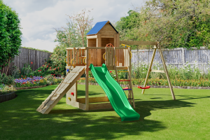 Fungoo Maxi Fun Exposure wooden playhouse with slide, swings, and climbing features for outdoor play sttswings