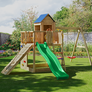 Fungoo Maxi Fun Exposure wooden playhouse with slide, swings, and climbing features for outdoor play sttswings