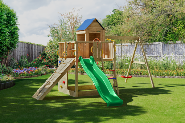 Fungoo Maxi Fun Exposure wooden playhouse with slide, swings, and climbing features for outdoor play sttswings