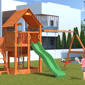 Wooden garden playset with climbing wall and slide