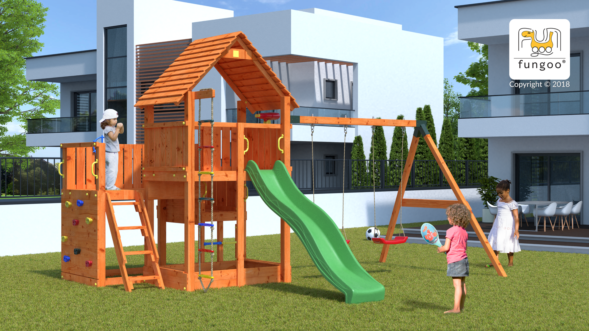 Wooden garden playset with climbing wall and slide