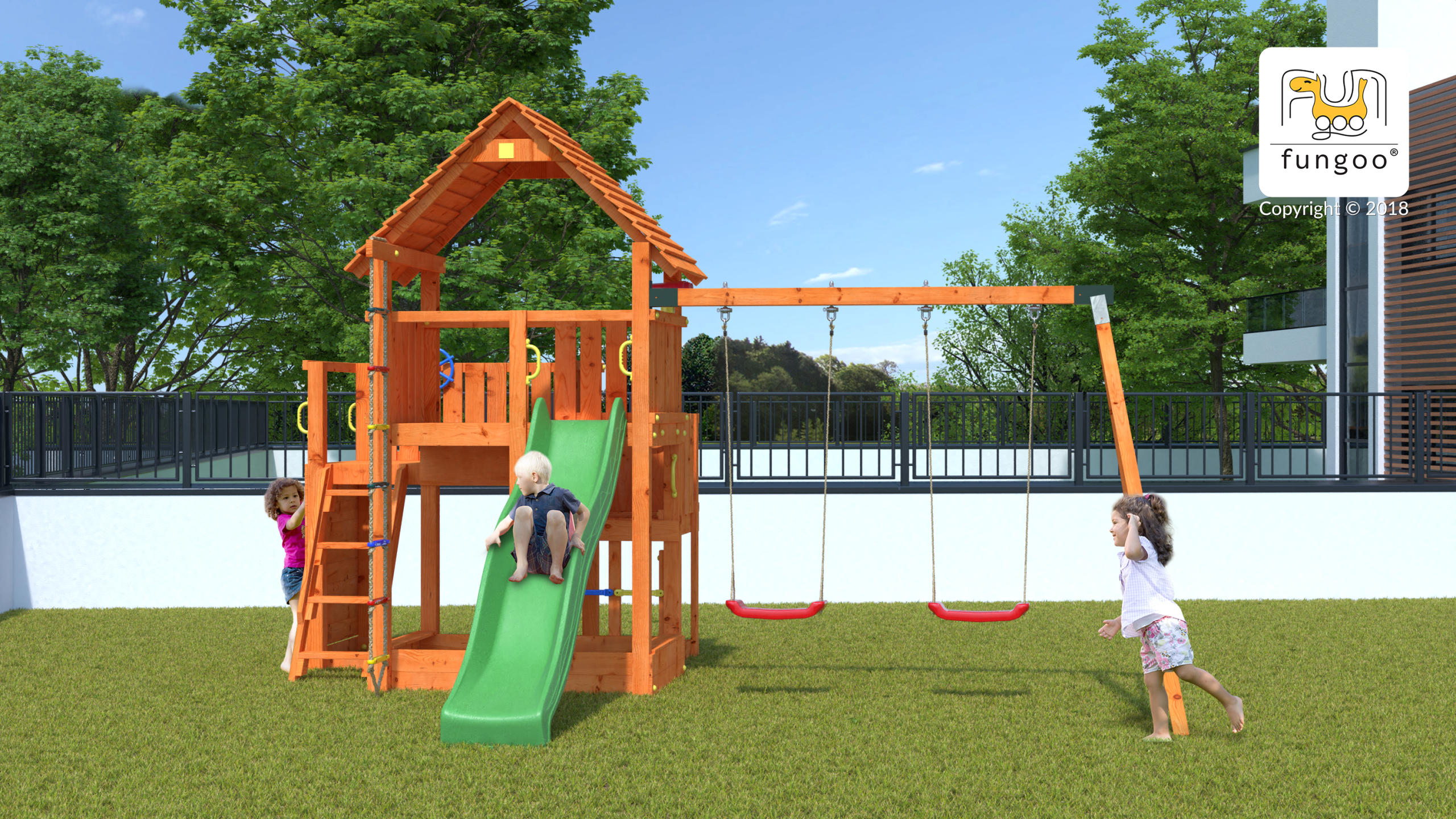 Outdoor climbing frame with rope ladder