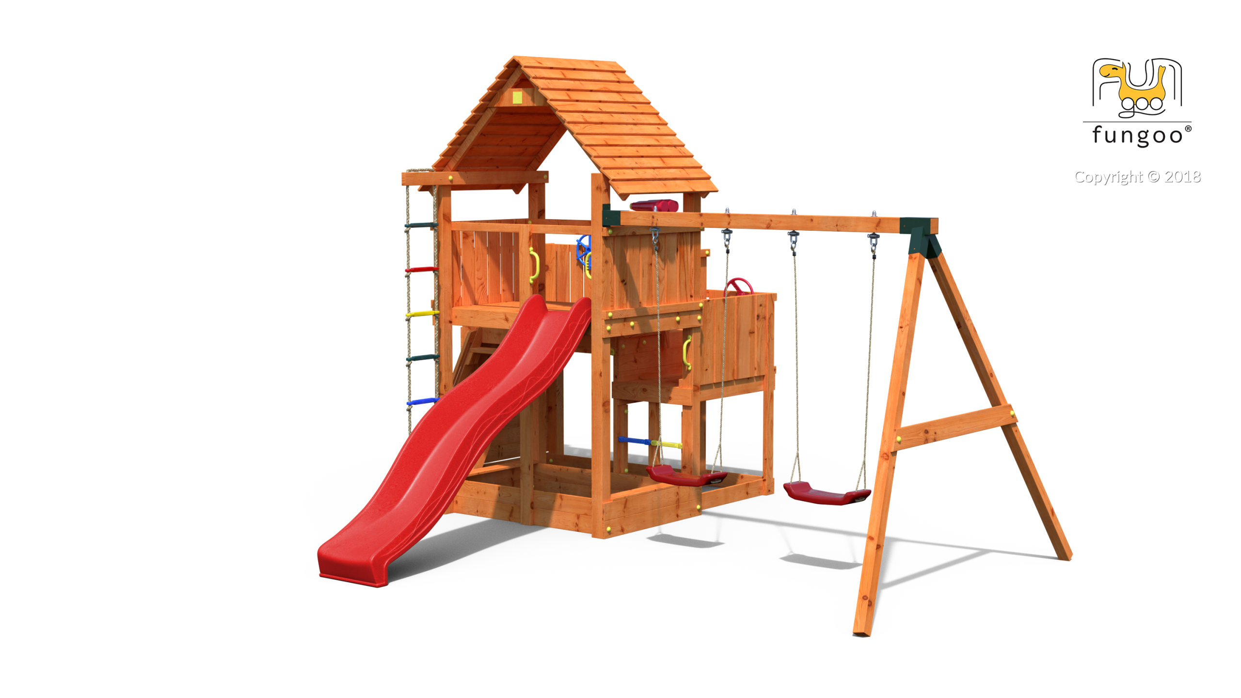 Wooden swing set with climbing tower
