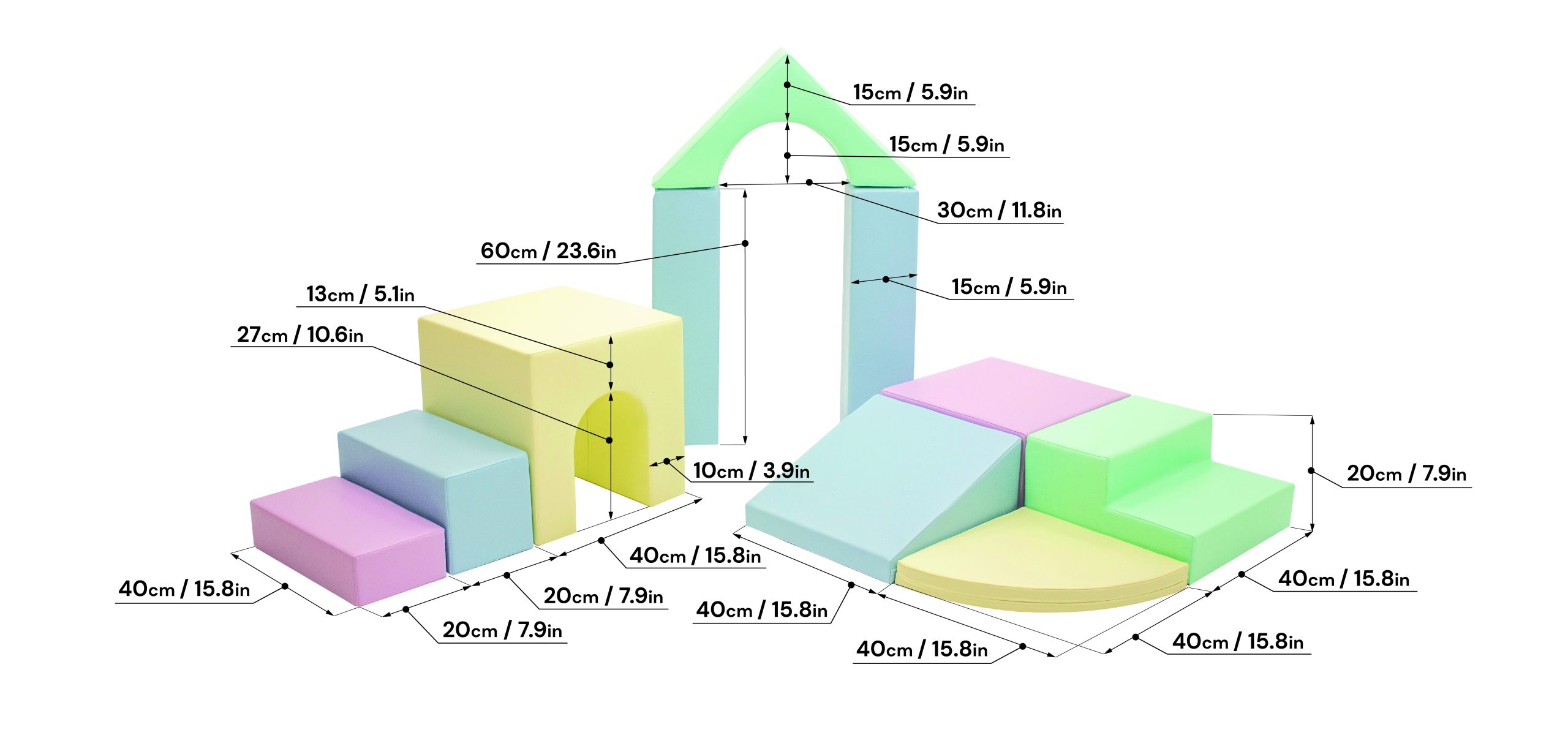 IGLU Baby Gym Light Pastel dimensions showing foam climbing blocks, arches, steps and ramp measurements